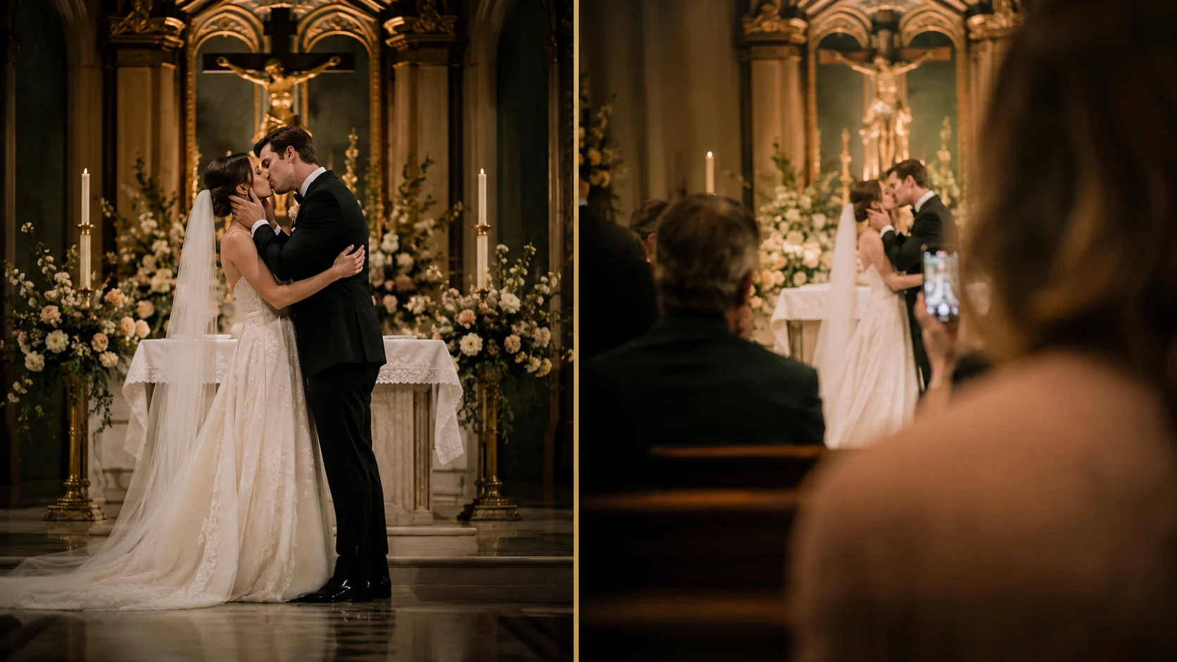Left: the 800 posed shots your photographer delivers. Right: the 3,000 candid moments sitting on your guests' phones.