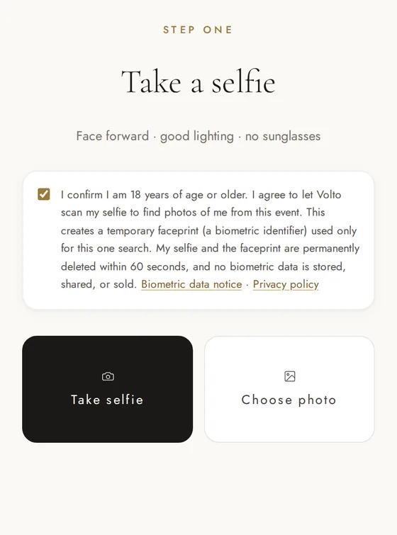 The Volto Find Yourself selfie step: “Take a selfie”, with buttons to take one or choose a photo.